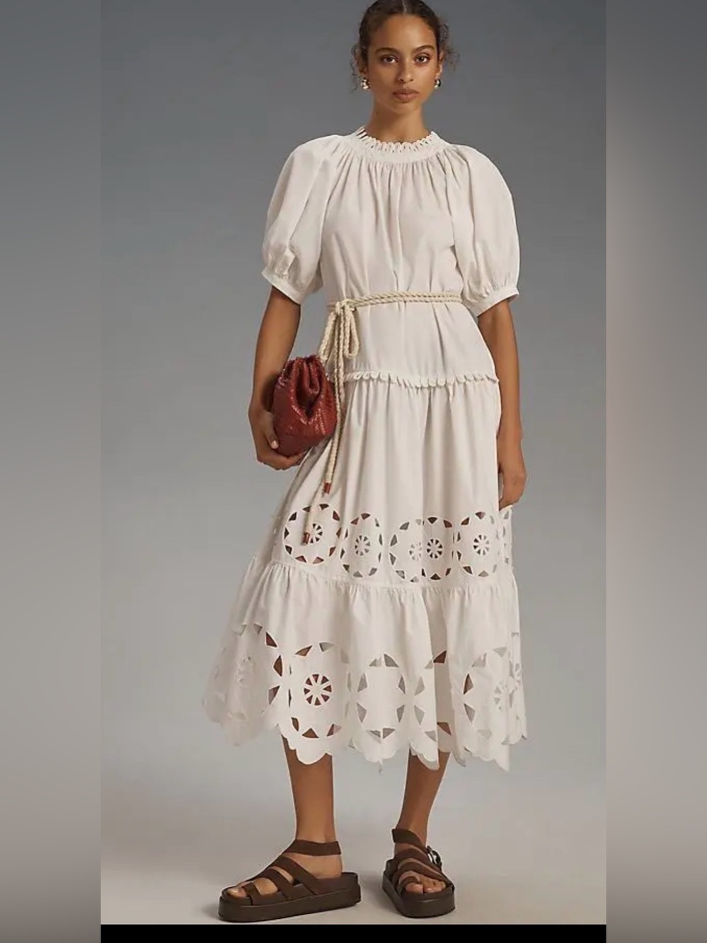RHODE Cream Eyelet Tiered Midi Dress